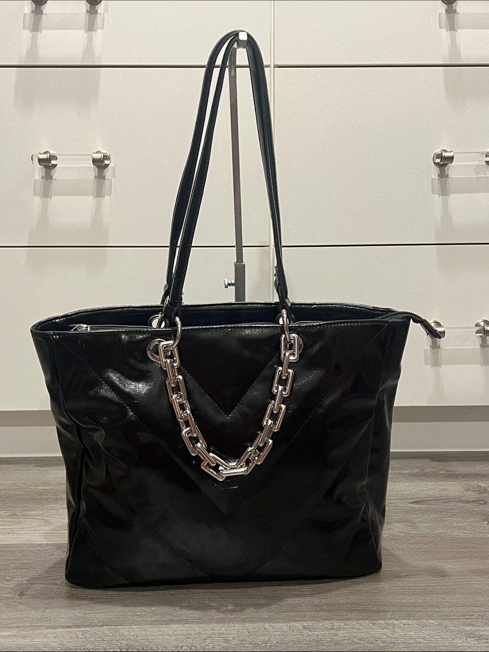 Aldo Black Faux Leather Tote with Silver Chain Accent